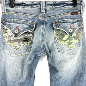 Miss MeJeans 27 Distressed Denim Camo Flap Tab